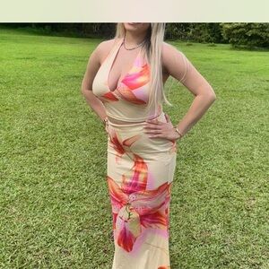SHEIN Floral Maxi Skirt - Cream and Pink